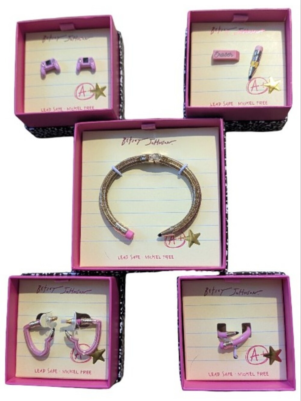 Betsey Johnson Back To School 5pc Jewelry Lot; 3 Pair Earrings, Ring & Bracelet